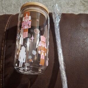 Source Unknown Nutcracker Glass Cup with Straw - Pink and White
